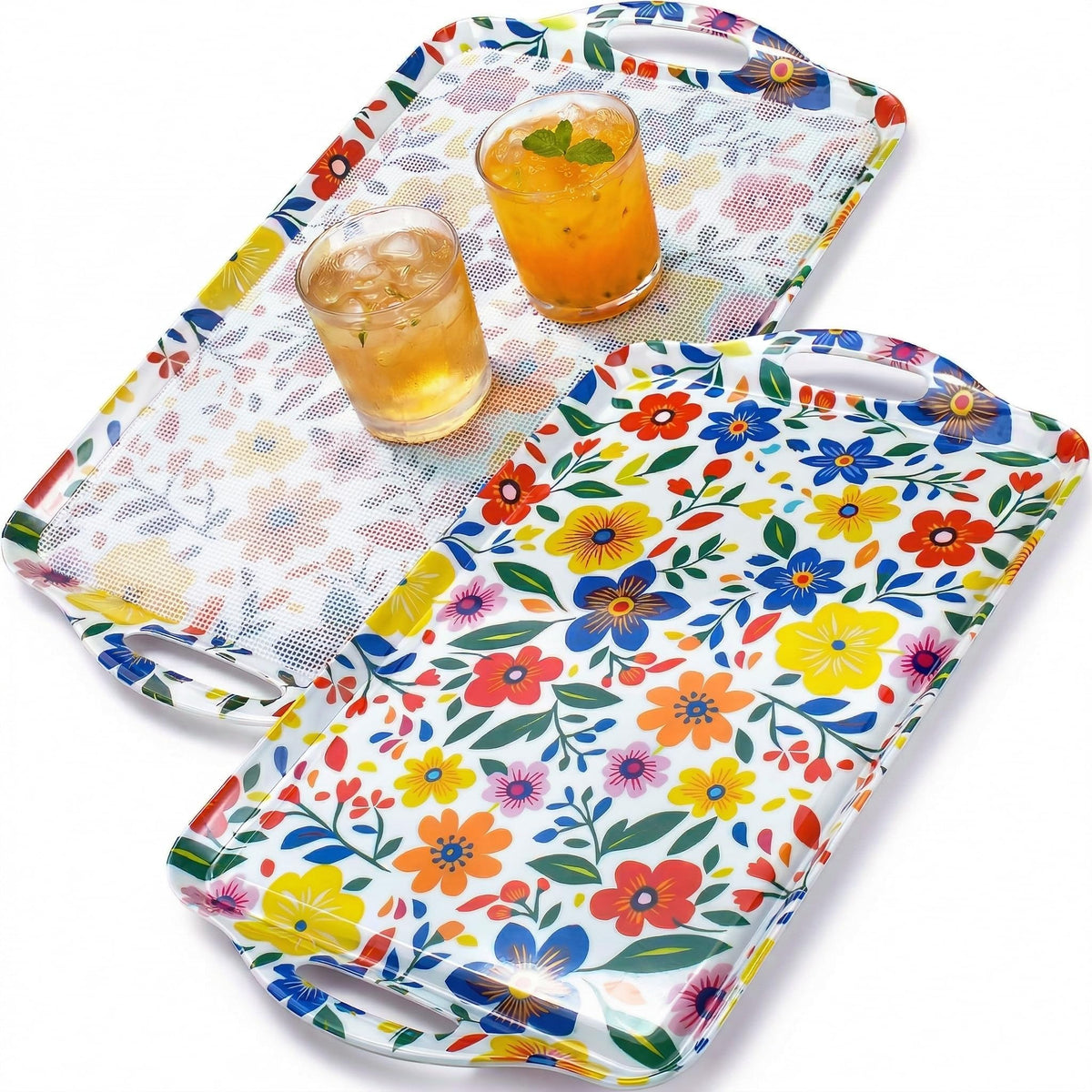 Thanksgiving Serving Trays with Handles, 19 x 11.6 Inch, Set of 2, Bamboo Fiber Serving Platter, Dishwasher Safe, with Removable Silicone Mats, Turkey and Fall Plaid