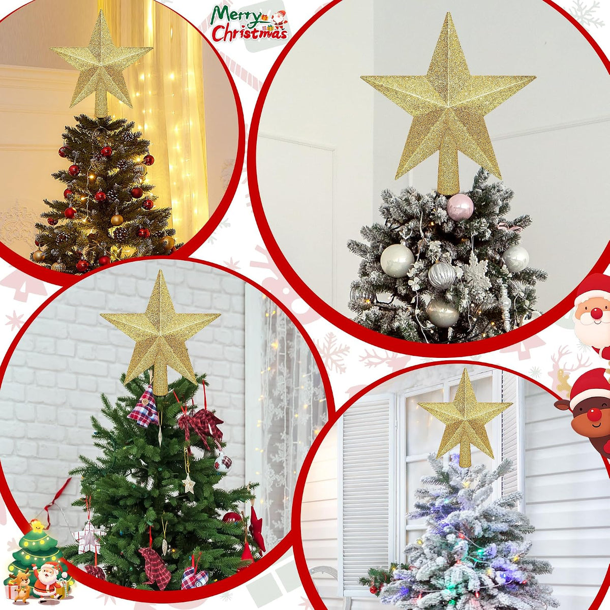 Christmas Tree Star Topper, 8" Gold Glitter Xmas Star Tree Decorations, 3D