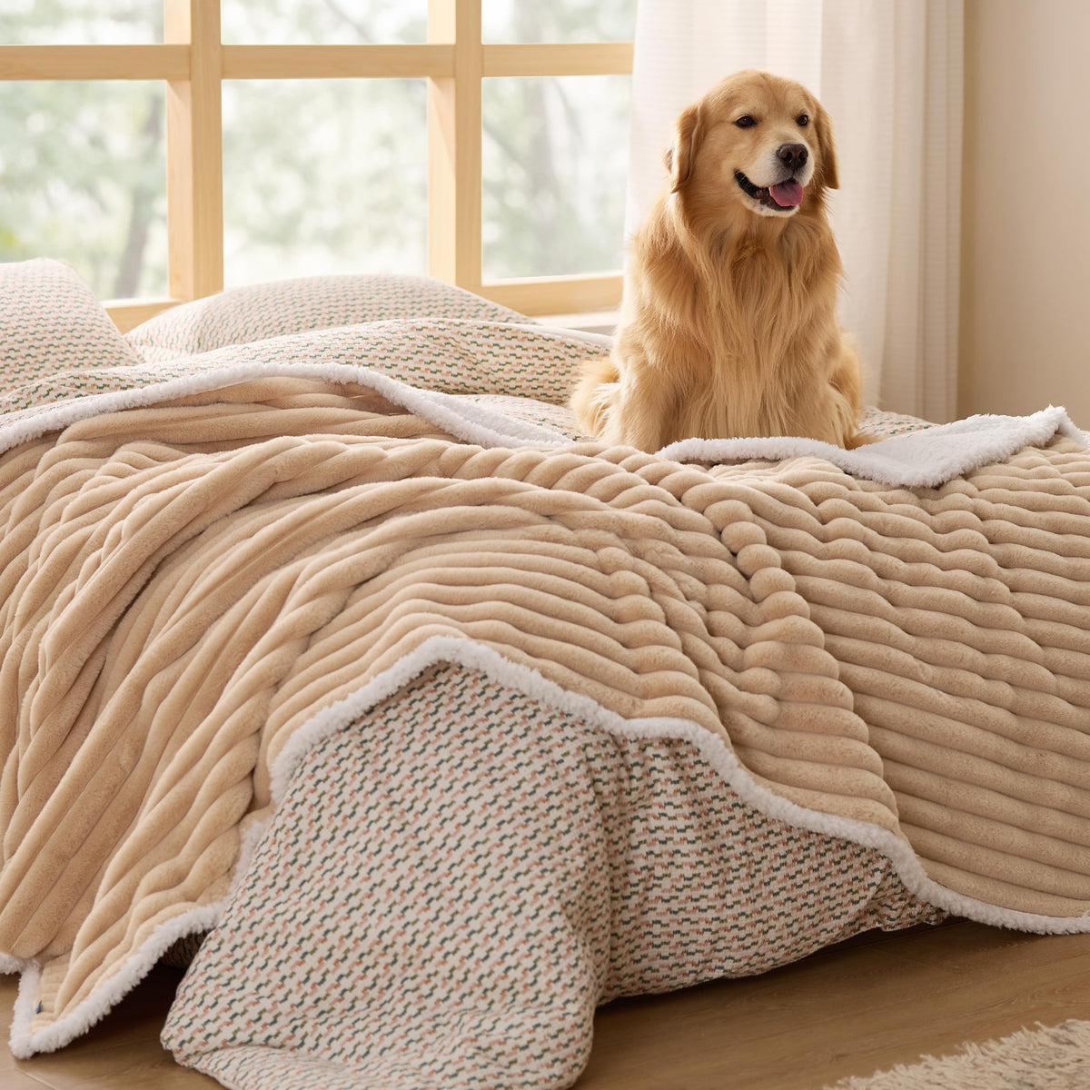Bedsure ComfyFleece™ Waterproof Dog Blankets for Large Dogs,50x60 Cream | Soft Plush Couch Cover,Washable Corduroy Fleece for Furniture Protector,Cozy Calming Reversible Pet Blanket for Senior Dogs