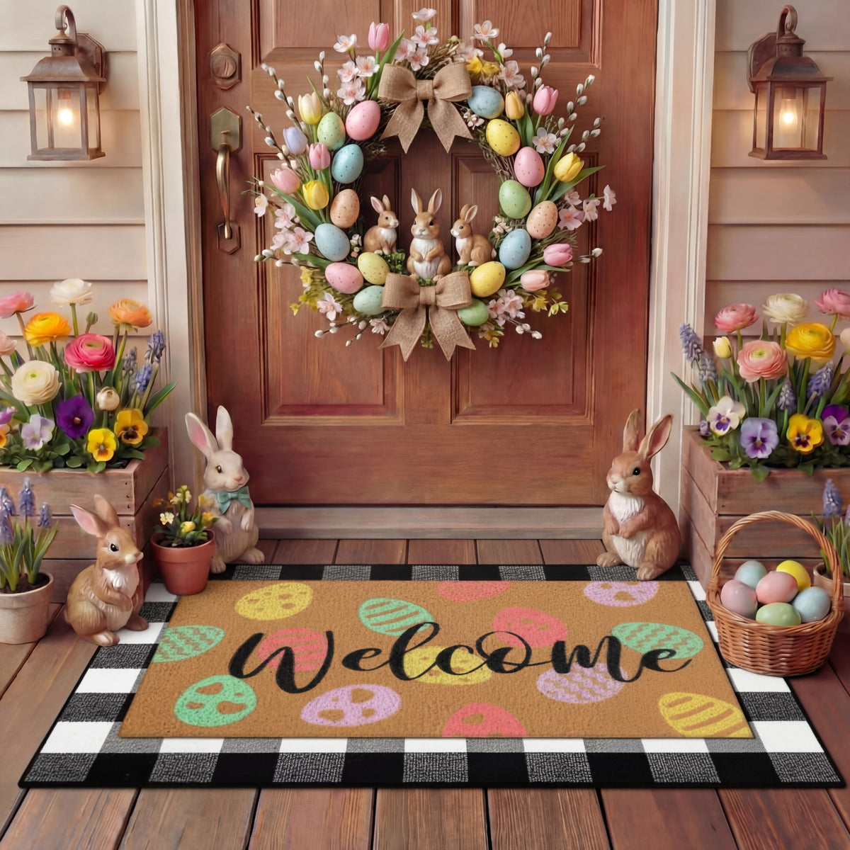 Tinideya 2 23.6 X 35.4 Inches Plaid Ghost Red Brown | Layered Coir Doormat Set, Non Slip Backing for Outdoor Entryway, Buffalo Plaid Seasonal Design, Front Porch Home Decor