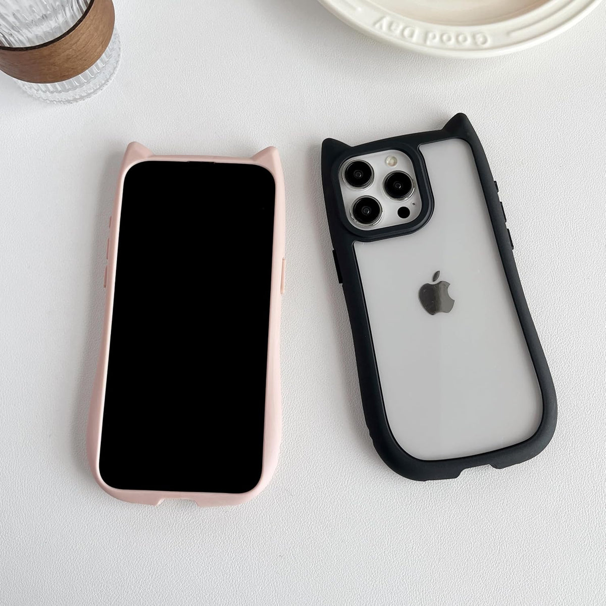 FLIRACON Cute Cat Ears Clear Phone Case Compatible with iPhone Case (Black,for iPhone 15)