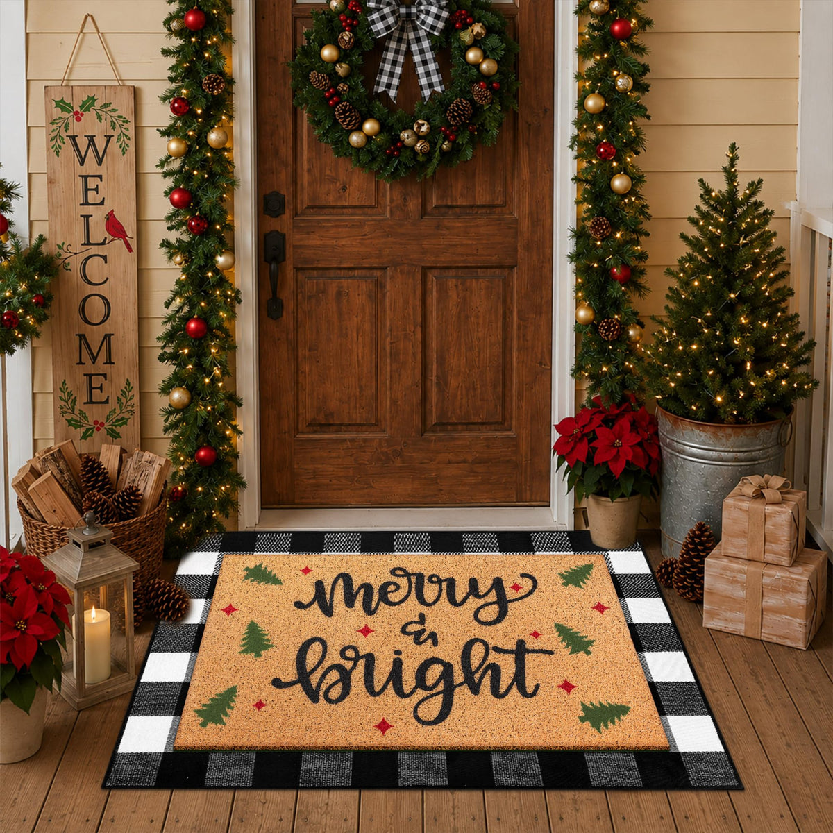 Tinideya 2 23.6 X 35.4 Inches Plaid Ghost Red Brown | Layered Coir Doormat Set, Non Slip Backing for Outdoor Entryway, Buffalo Plaid Seasonal Design, Front Porch Home Decor