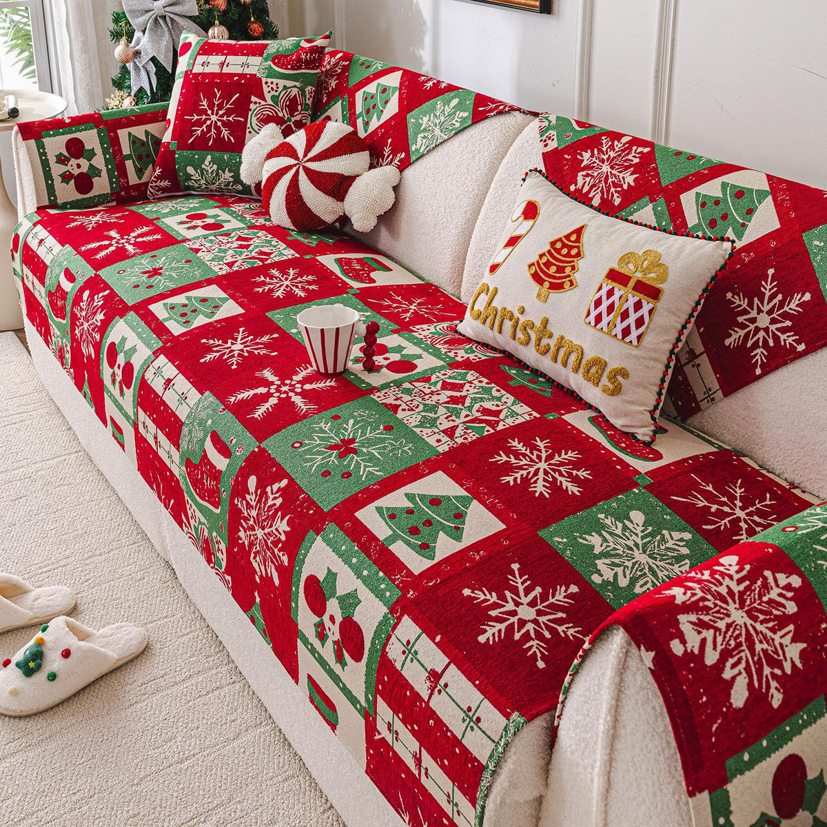 vctops Christmas Couch Cover, Christmas Decorations Soft Chenille Checkered Sofa Cover Washable Non-Slip Sectional Couch Cover for Dogs, Children, Pets Furniture Protector (Red,28"x28")