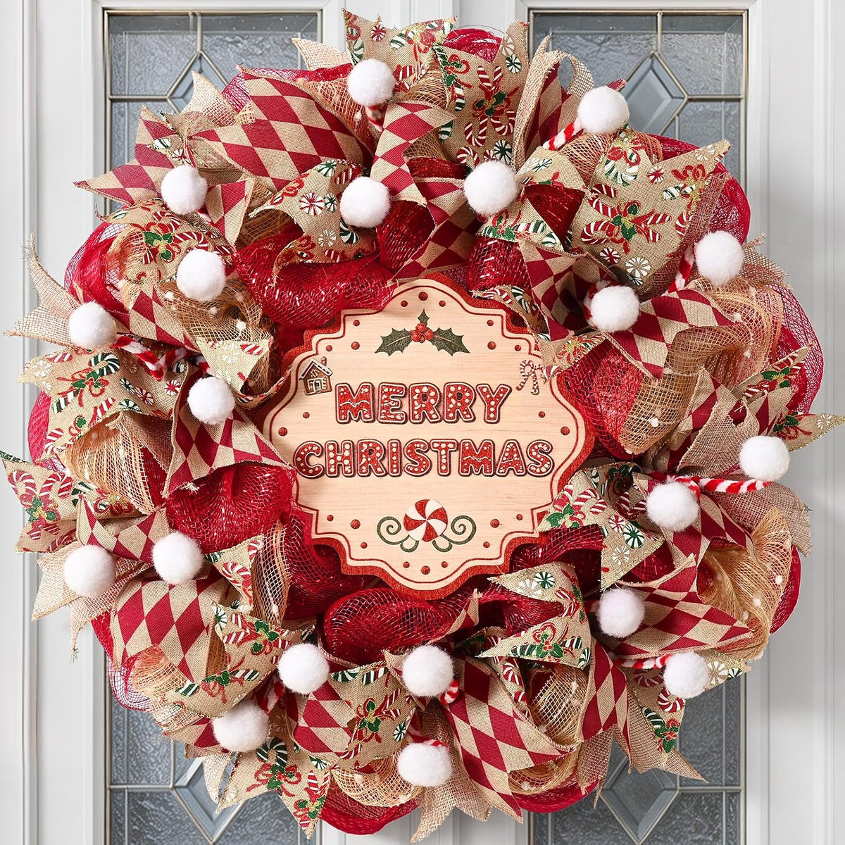 Christmas Wreath for Front Door, Mesh Wreath with Red Gold Ribbon
