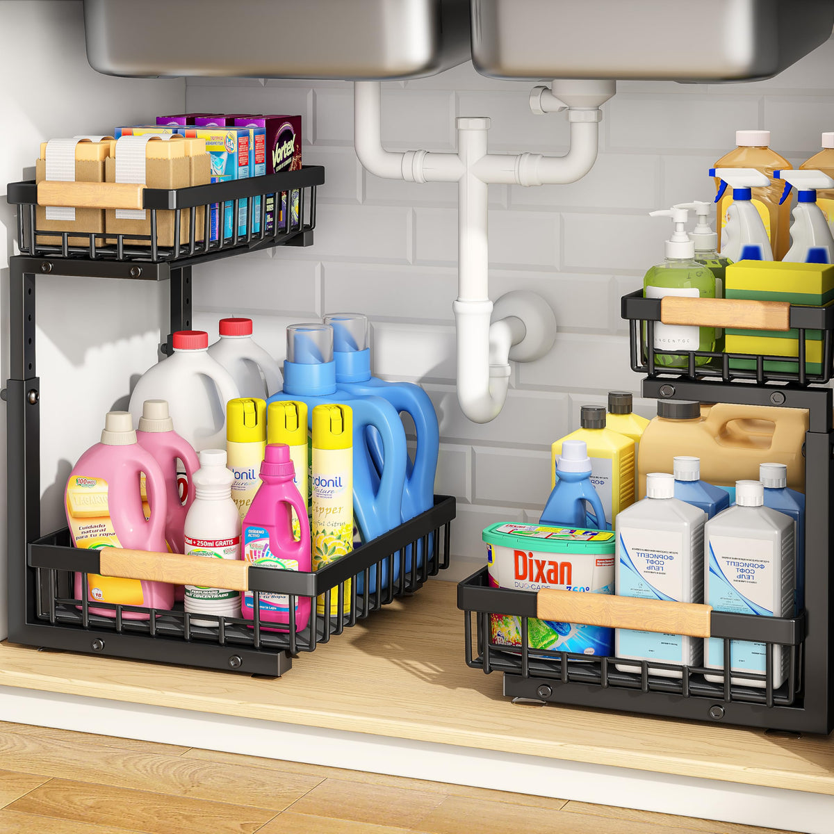 PXRACK Under Sink Organizer, Adjustable Height, 2 Tier Pull Out Under Cabinet Organizer, Slide Out Thickened Metal Under Sink Storage for Kitchen Bathroom Laundry Pantry Cabinet, White, Large-2-Pack