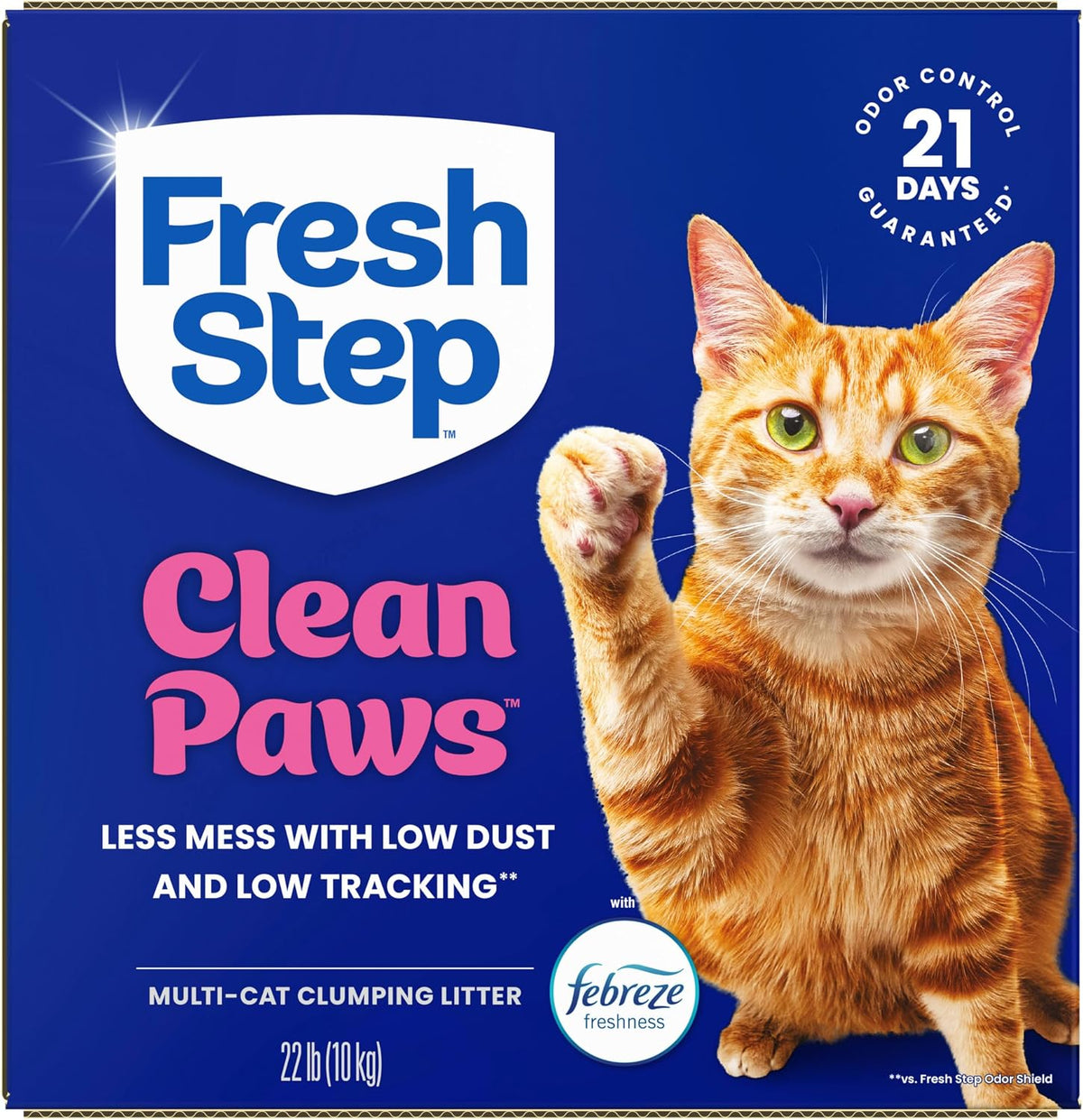 Fresh Step Clean Paws Multi Cat Clumping Litter with Febreze Freshness, Ammonia Block Technology, Low Tracking, 22 lb. Box