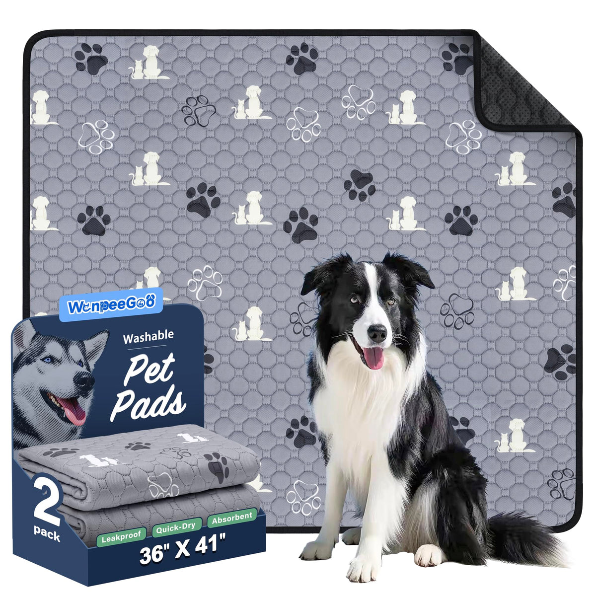 WanpeeGoo Washable Pee Pads for Dogs, Waterproof, 18 x 24 in, 4 Pack, Gray | Super Absorbent, Waterproof and Non-Slip; Washable, Reusable Dog Pads for Crates, Playpens, Floors, Furniture and Travel
