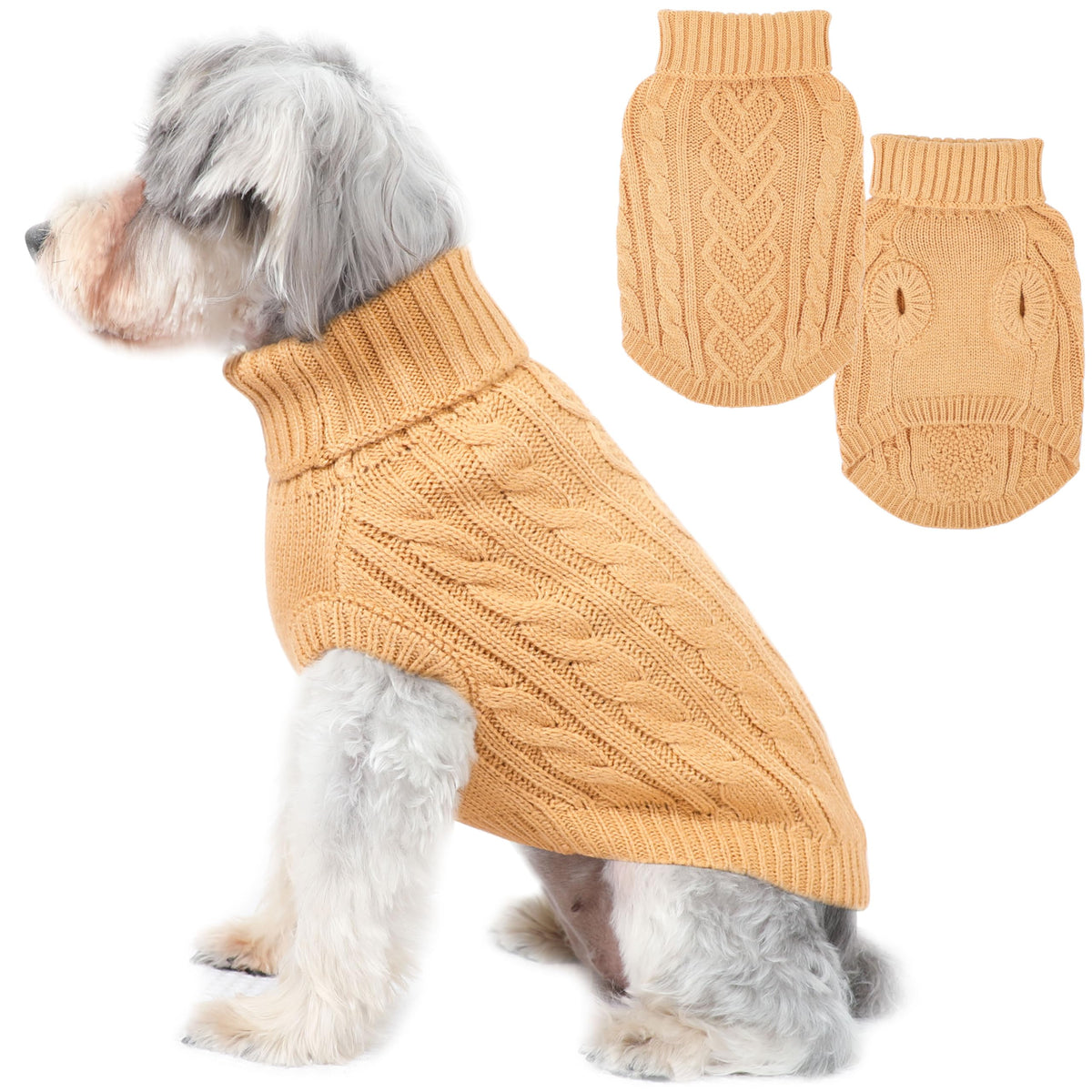 Dog Sweaters for Small Dogs Small Dog Clothes for Winter Solid Knitted Puppy Clothes Warm Turtleneck Doggy Coat Pullover Pet Cat Sweater with Heart-Shape Design(Khaki, X-Small)