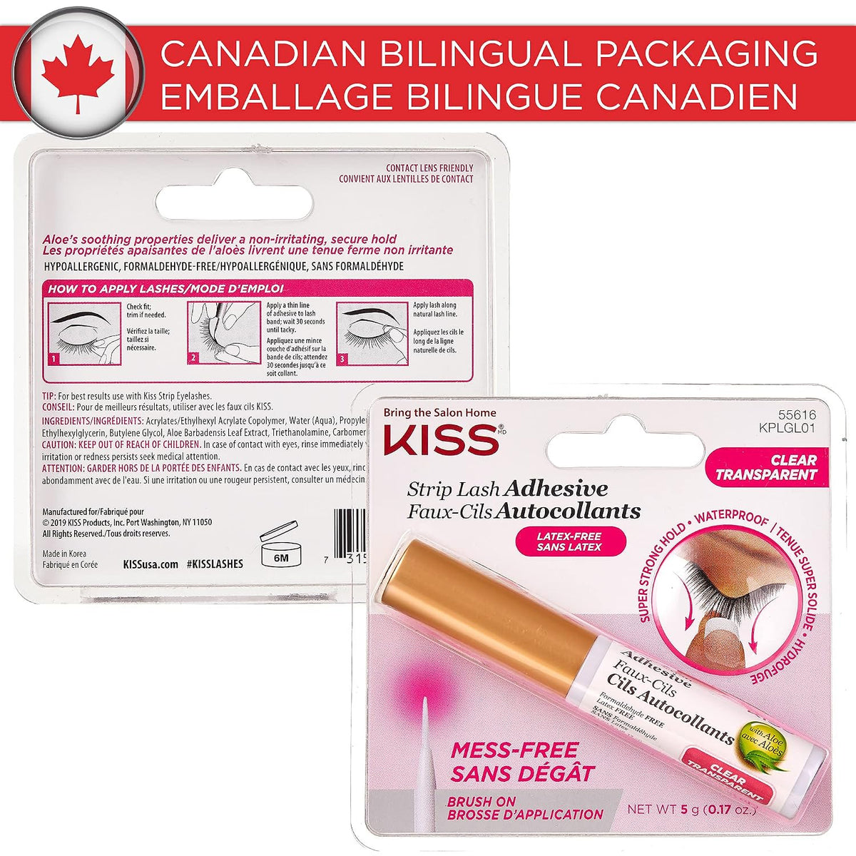 KISS Lash Adhesive, Lash-Glue, 24hr Strip Eyelash Adhesive, Clear, Includes Lash-Adhesive, Long Lasting Wear, Can Be Used with Strip Lashes and Lash Clusters (Pack of 2)