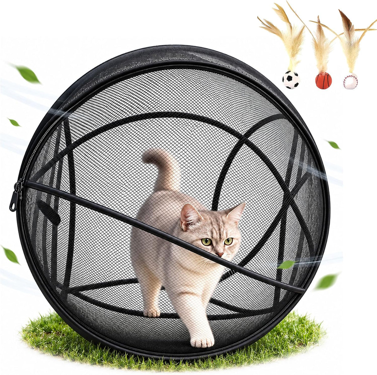 Hamster Ball for Cats, Rolling Cat Playpen, Foldable Mesh Outdoor Catio (A)