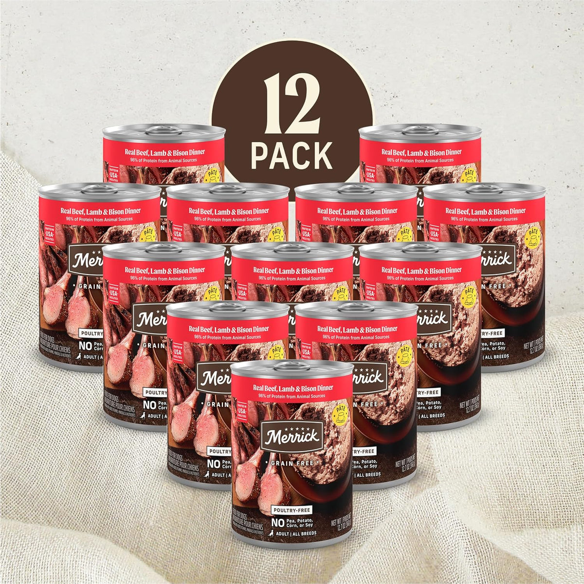 Merrick Grain Free Premium And Natural Canned Dog Food, Soft And Healthy Poultry Free Wet Recipe, Real Beef Lamb And Bison - (Pack of 12) 12.7 oz. Cans