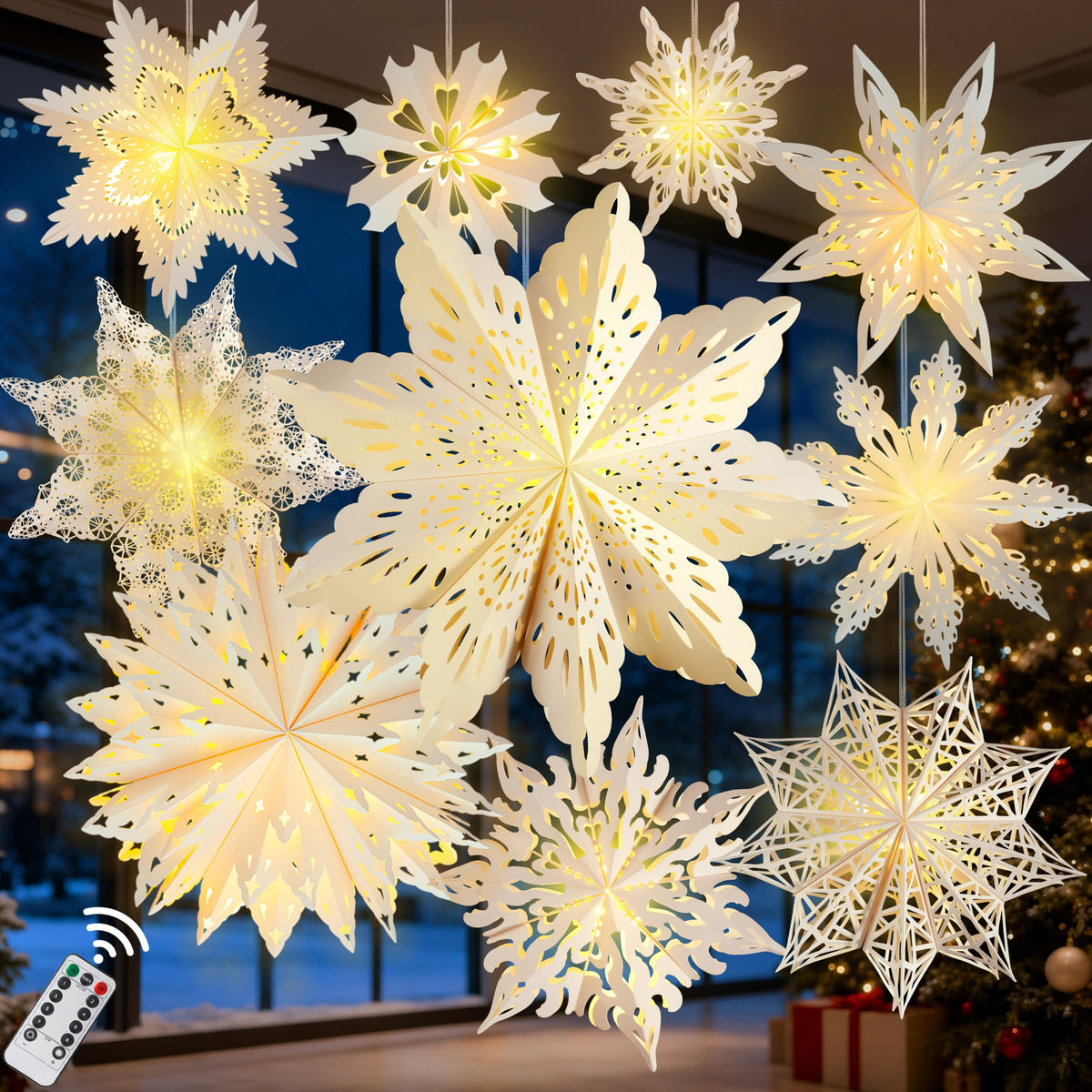 Paper Snowflake Lanterns with Lights, 5 Pack Christmas Hanging Decorations