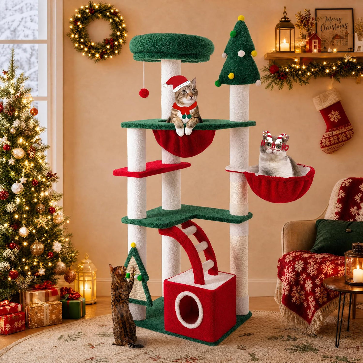 SHA CERLIN 67in Tall Cat Tree/Climbing Tower with Top Perch, Hammock, Sisal Scratching Posts/Cute Condo for Indoor Kitties/Pet Feline House/Activity Center/Christmas Decor/Green & Red