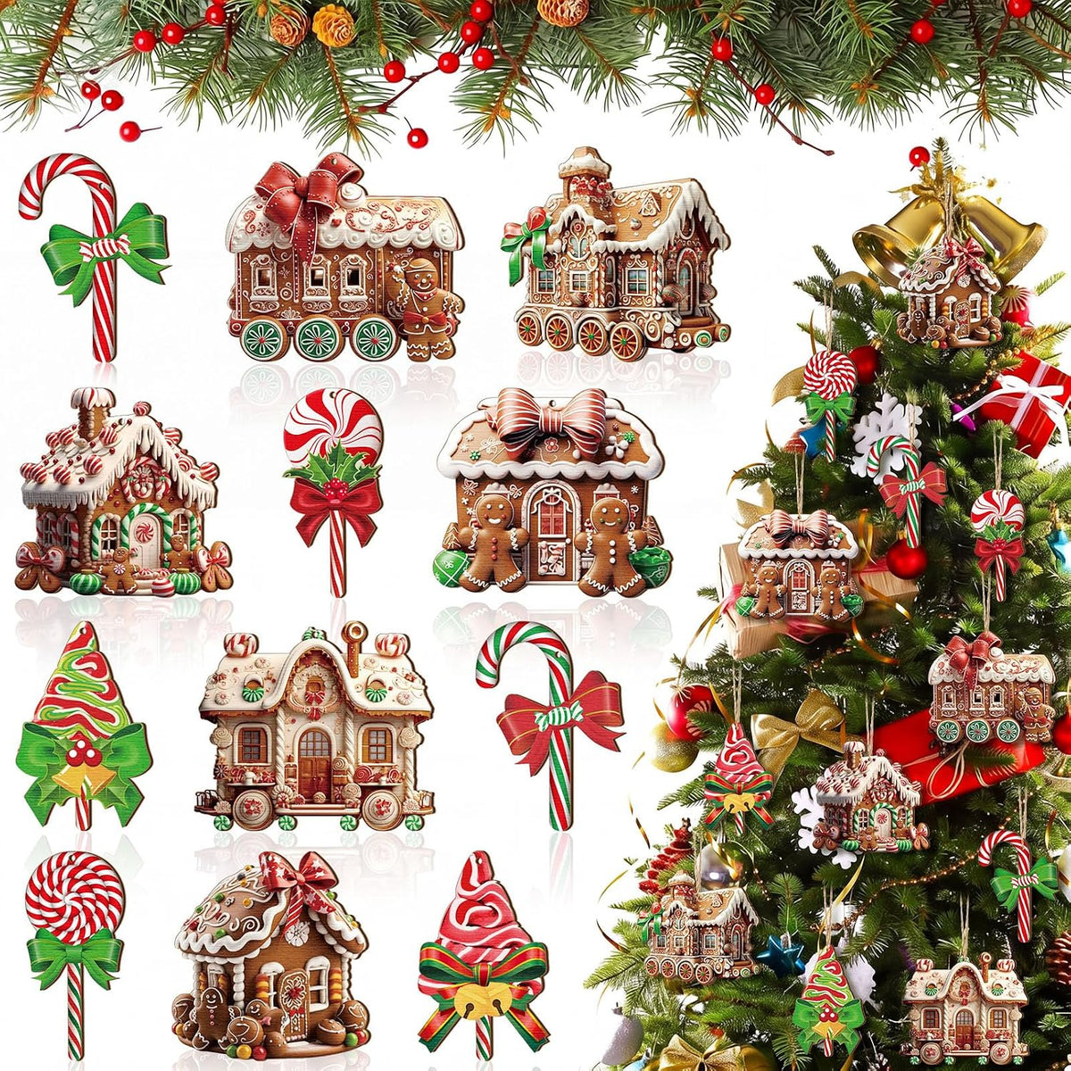 36 Pcs Christmas Gingerbread House Ornaments, Wood Xmas Tree Decor