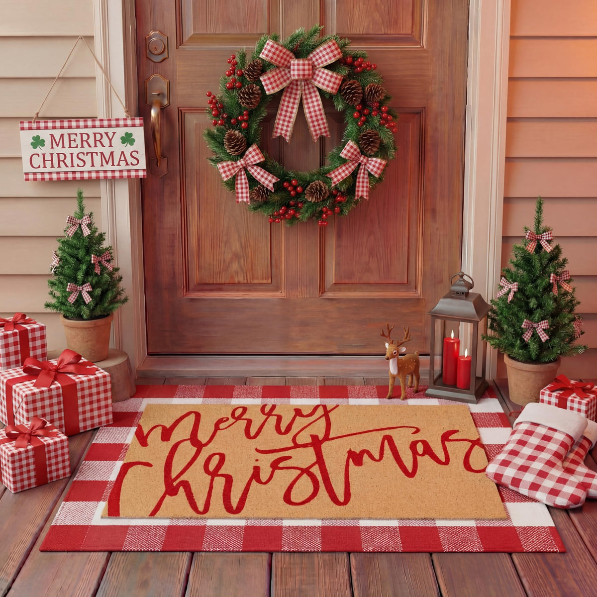 Tinideya 2 23.6 X 35.4 Inches Plaid Ghost Red Brown | Layered Coir Doormat Set, Non Slip Backing for Outdoor Entryway, Buffalo Plaid Seasonal Design, Front Porch Home Decor