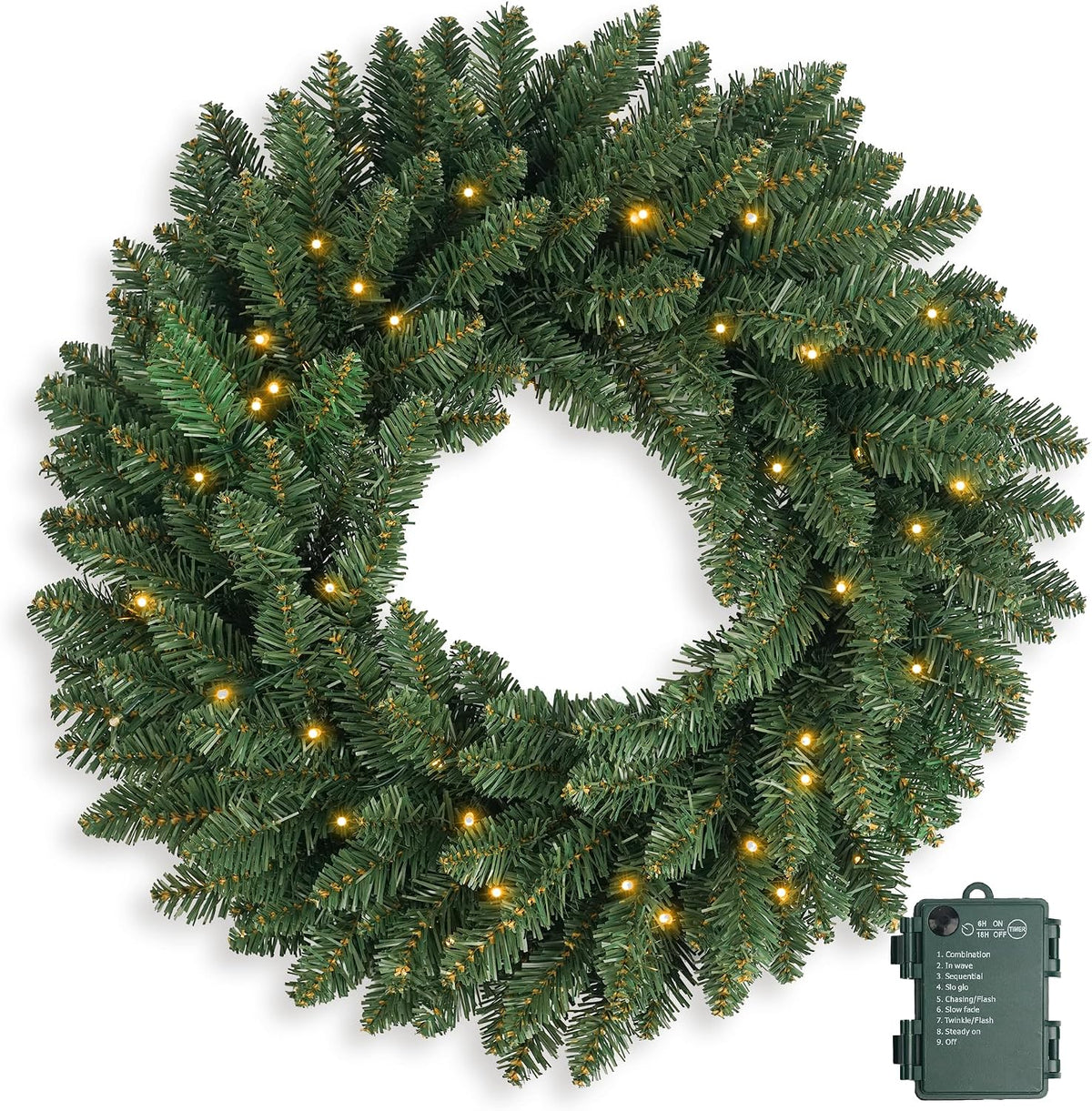 Christmas Wreath Pre Lighted 24 inch with 50 Led, Battery Operated Artificial Christmas Wreaths for Front Door with Lights, Green Christmas Decoration for Door Windows Wall