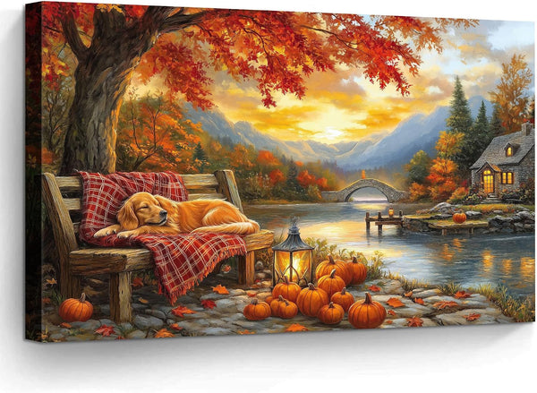 YZDQLANY Canvas Wall Art Autumn Landscape Dog Pumpkin Wall Decor