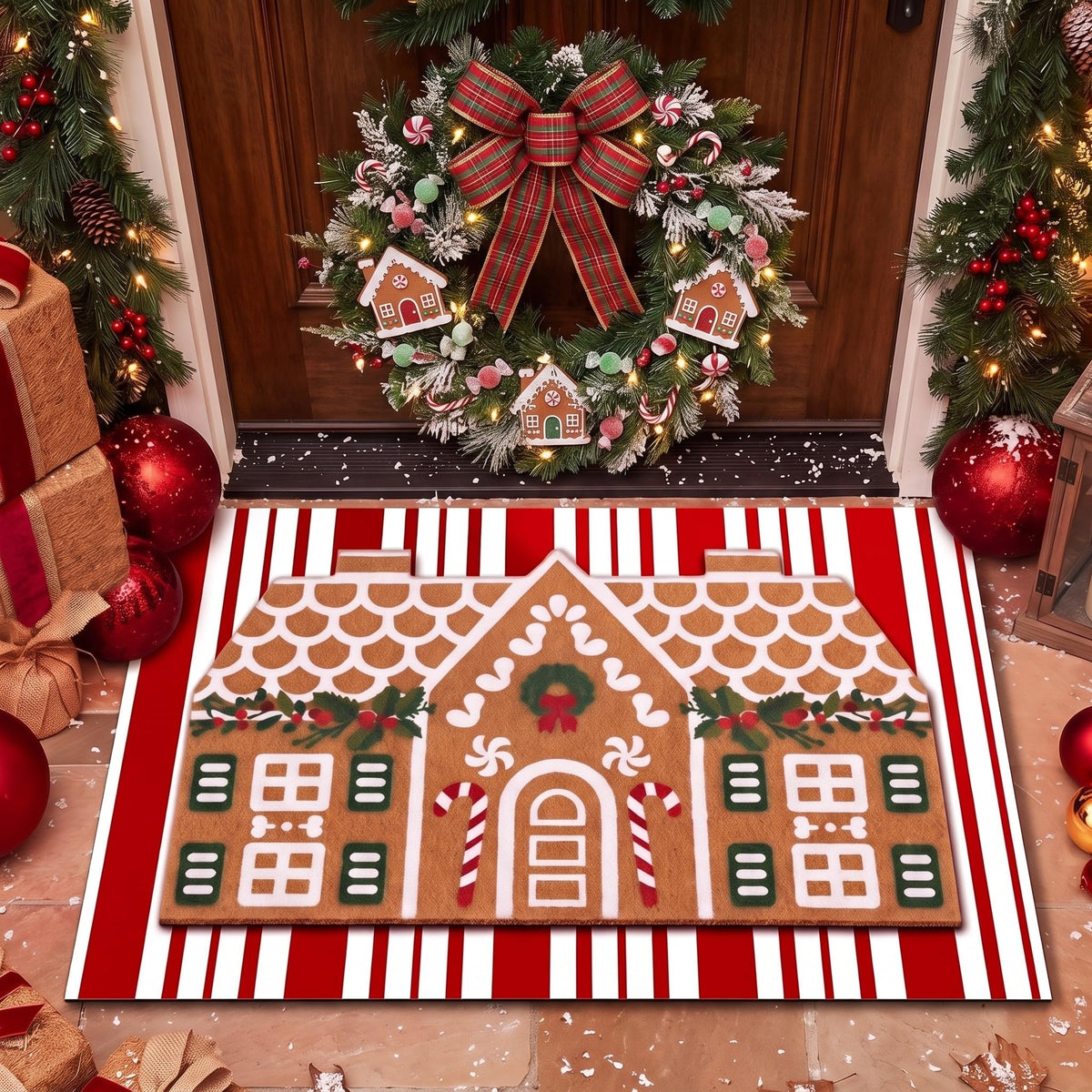 Tinideya 2 23.6 X 35.4 Inches Plaid Ghost Red Brown | Layered Coir Doormat Set, Non Slip Backing for Outdoor Entryway, Buffalo Plaid Seasonal Design, Front Porch Home Decor