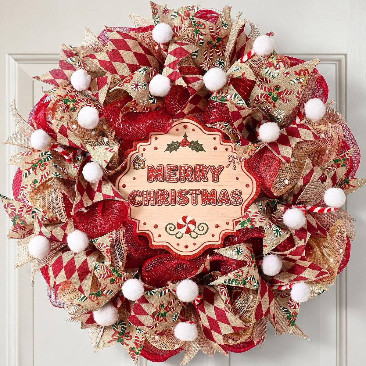 Christmas Wreath for Front Door, Mesh Wreath with Red Gold Ribbon
