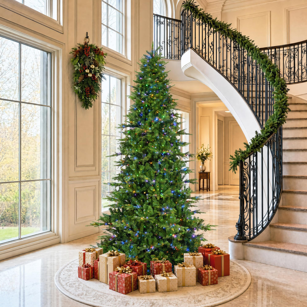 Glitzhome 15ft Prelit Artificial Christmas Tree, Vibrant Evergreen Fir with 5,000 Warm White/Multi-Color Chasing and Twinkling Lights, 13,459 PE&PVC Branch Tips, 9 Function w/Foot Pedal, Simple Setup