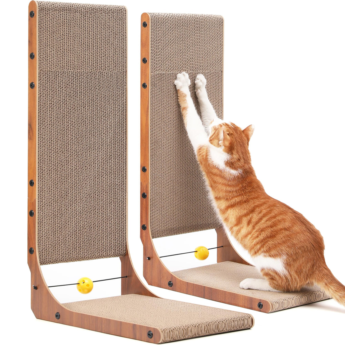 FUKUMARU Cat Scratcher, 26.8 Inch L Shape Cat Scratch Pad Wall Mounted, Cat Scratching Cardboard with Ball Toy for Indoor Cats, Large Size