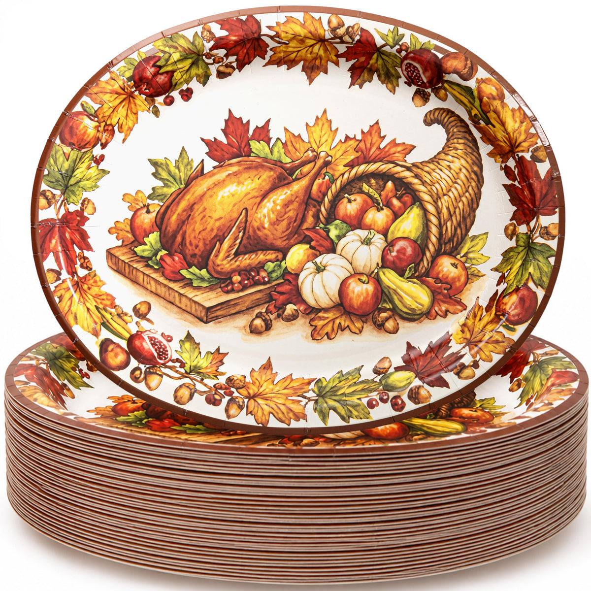 50Pack Thanksgiving Paper Plates - 10" x 12" Oval Paper Plates Dinner Size Large Disposable Platter Heavy Duty For Happy Thanksgiving Serving Tray Autumn Fall Harvest Party Supply