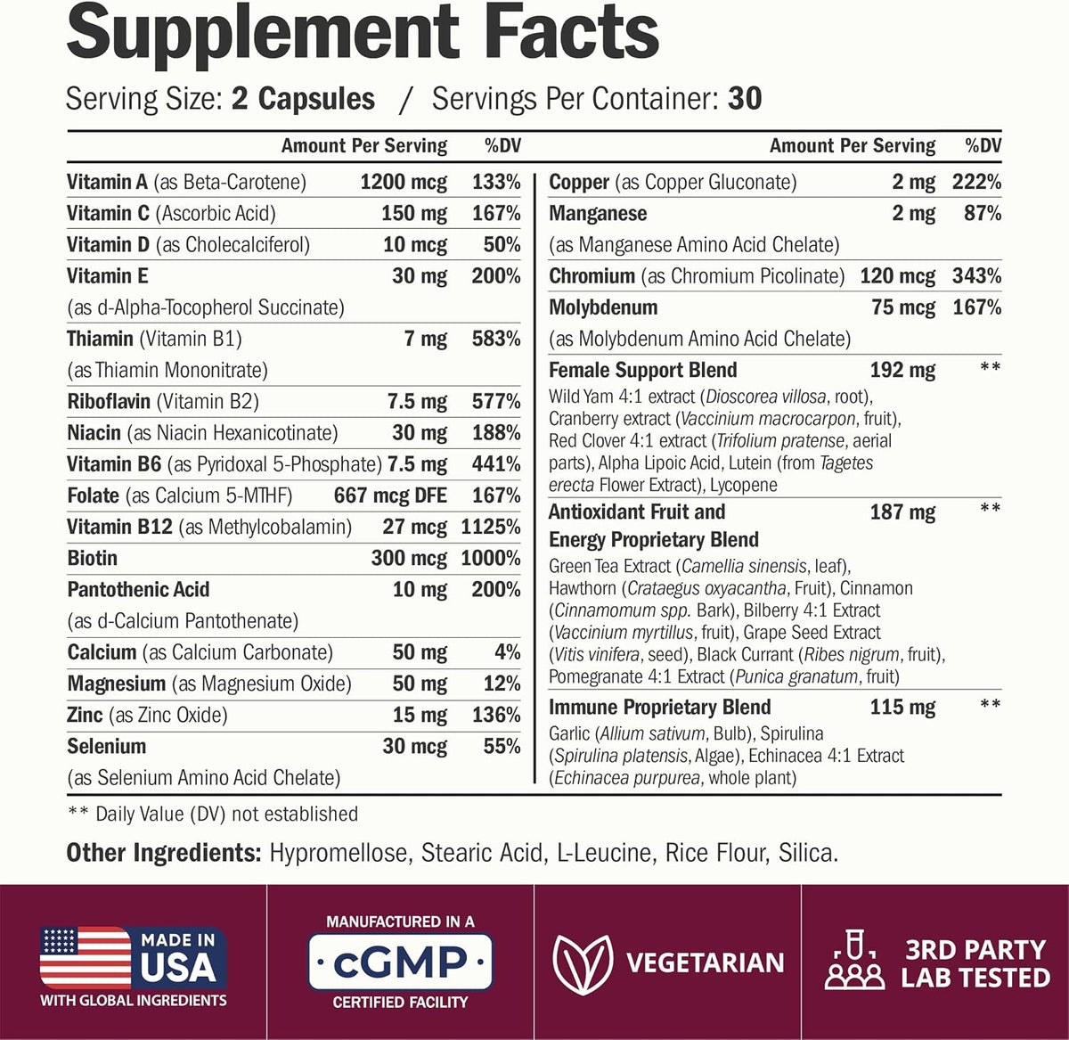 Vimerson Health Multivitamin for Women: Methylated B Vitamins, Chelated Minerals and Bioavailable D3 for Focus and Energy Support – Daily Womens Multivitamins and Multiminerals – 60 Capsules