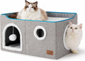 Bedsure Extra Wide Cat House Bed with Fluffy Ball and Scratch Pad,Grey | 23.6x16.9x13 in,Indoor Cat Cave for Multiple Pets, Foldable Cat Hideway Cube for Sleeping Large Cat and Kitten