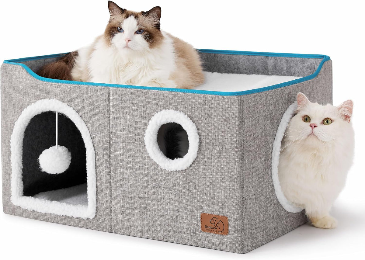 Bedsure Extra Wide Cat House Bed with Fluffy Ball and Scratch Pad,Grey | 23.6x16.9x13 in,Indoor Cat Cave for Multiple Pets, Foldable Cat Hideway Cube for Sleeping Large Cat and Kitten