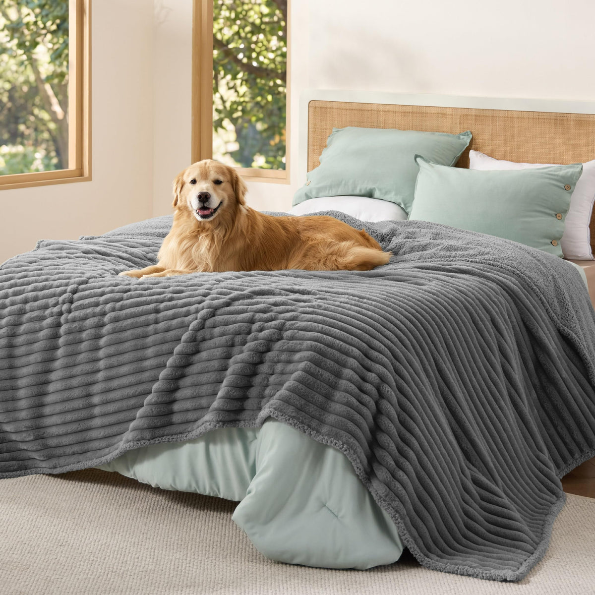 Bedsure ComfyFleece™ Waterproof Dog Blankets for Large Dogs,50x60 Cream | Soft Plush Couch Cover,Washable Corduroy Fleece for Furniture Protector,Cozy Calming Reversible Pet Blanket for Senior Dogs