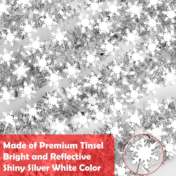 50 FT Christmas Decorations Tinsel Garland, Christmas Snowflake Garland Xmas Shiny Twist Metallic Garlands Decorations for Xmas Tree Home Indoor Outdoor Holiday Xmas Party Decor