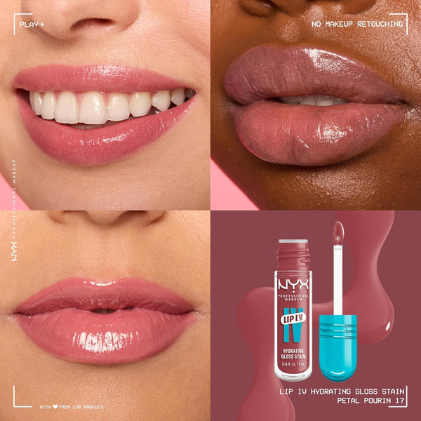 NYX PROFESSIONAL MAKEUP Lip IV Hydrating Glossy Lip Stain, Long-Lasting, Tinted, Vegan Formula with 12 HR Hydration - Petal Pourin' (Pink)