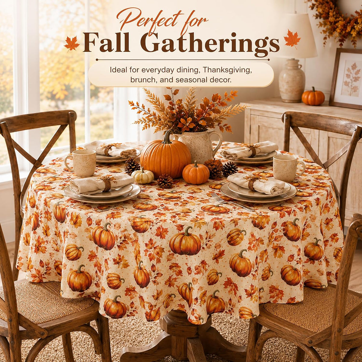 Fall Tablecloth Round 60 Inch Pumpkin Maple Leaf Thanksgiving Table Cloth