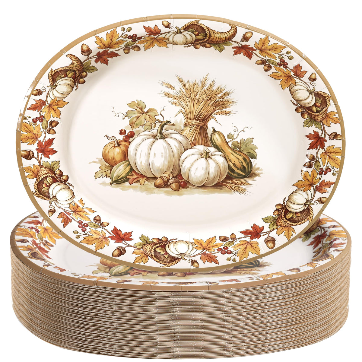 50Pack Thanksgiving Oval Plates Paper - 10" x 12" Happy Thanksgiving Plates Disposable Dinner Supply - Turkey Thankful Pattern