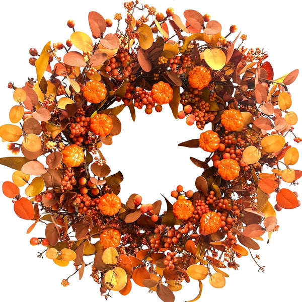 Fall Wreath 22 Inch Fall Wreaths for Front Door Autumn Pumpkin Wreaths with Orange Eucalyptus Leaves and Berries for Indoor Outdoor Thanksgiving Harvest Festival Celebrations