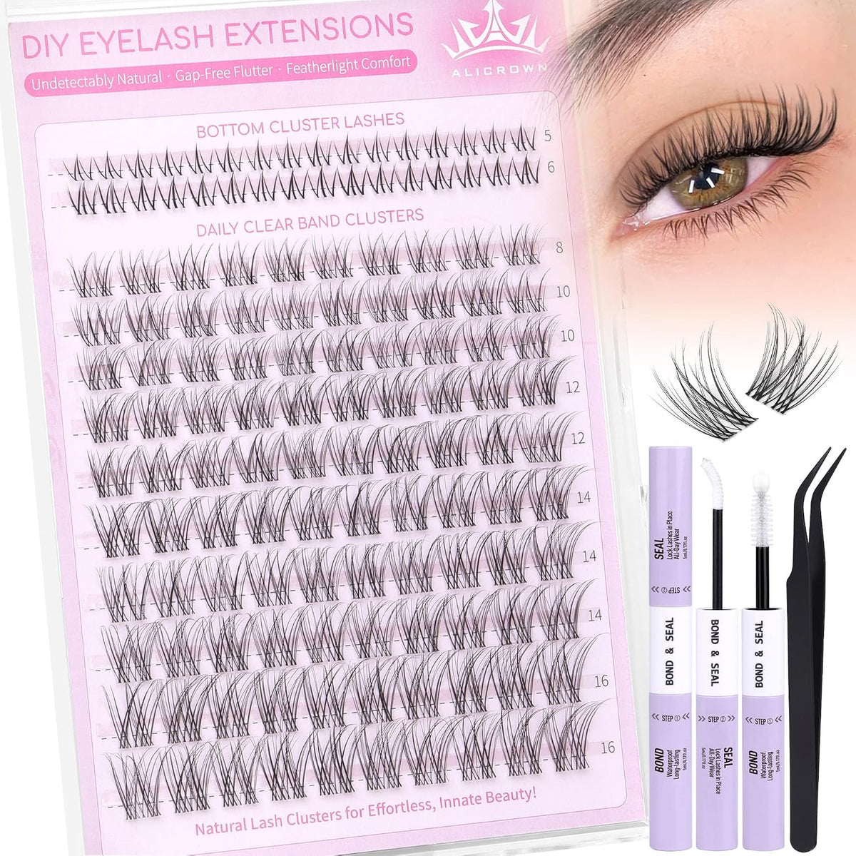 Natural Lash Clusters Kit Wispy Eyelash Clusters Kit with Bottom Eyelashes C Curly Lash Extension Kit with Invisible Band DIY Individual Lashes Kit with Lash Bond and Seal 132Pcs