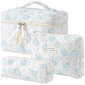 HBselect Quilted Makeup Bag, 3PCS Cotton Large Travel Makeup Bag, Cute Floral Coquette Make up Bag Cosmetic Bag Toiletry Bag for Women Girls
