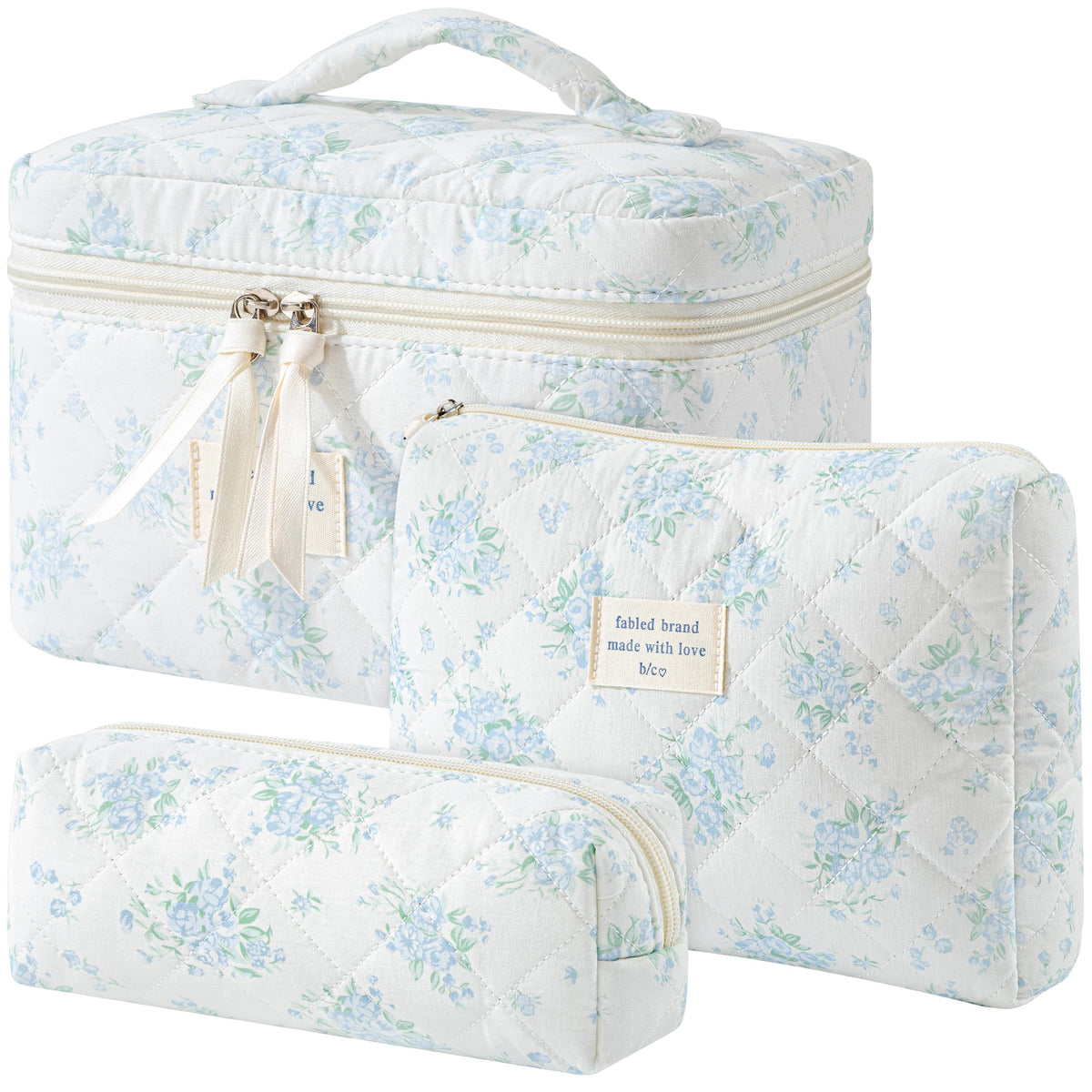 HBselect Quilted Makeup Bag, 3PCS Cotton Large Travel Makeup Bag, Cute Floral Coquette Make up Bag Cosmetic Bag Toiletry Bag for Women Girls