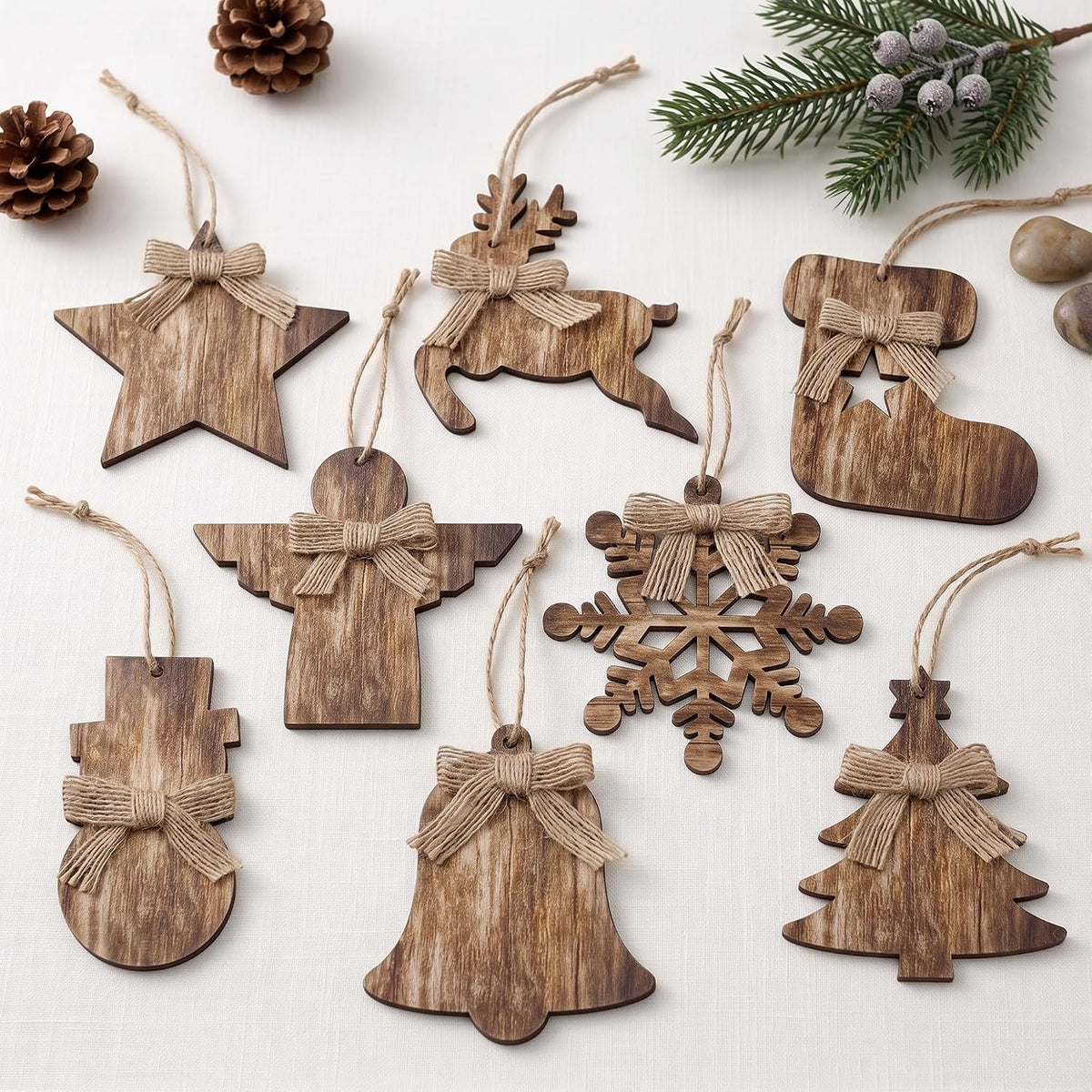 8 Pcs Rustic Christmas Tree Ornaments, Farmhouse Wooden Christmas Ornament