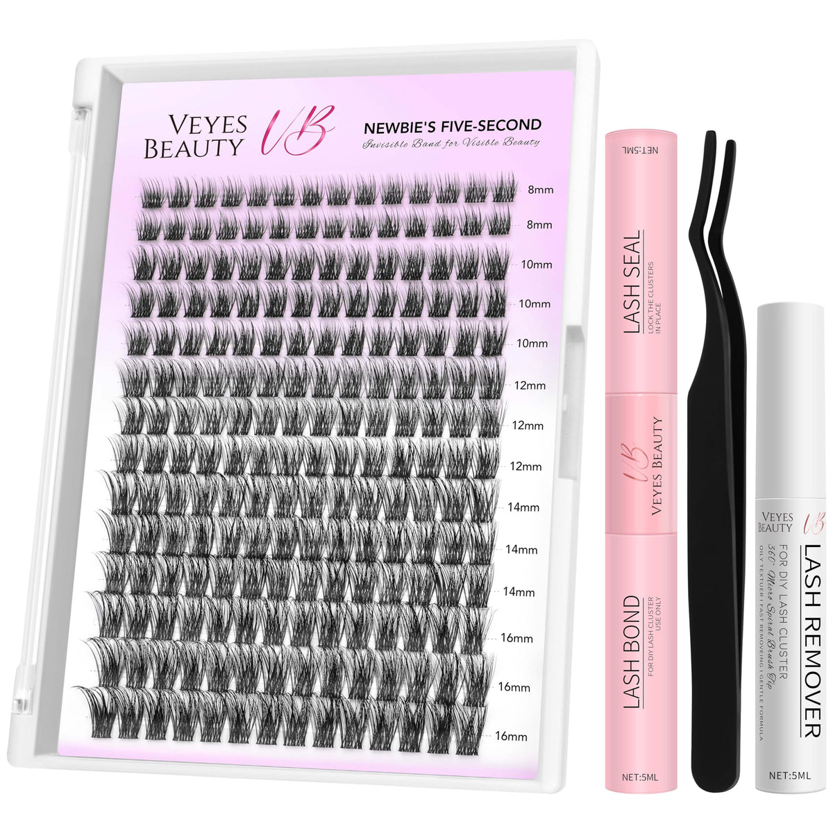 VEYESBEAUTY Lash Clusters Individual Eyelash Extensions Thin & Invisible Band DIY False Eyelashes for Self-application Newbie's Five-Second Series Wispy Lash Tray, Dreamy 8-16mm Mixed Length