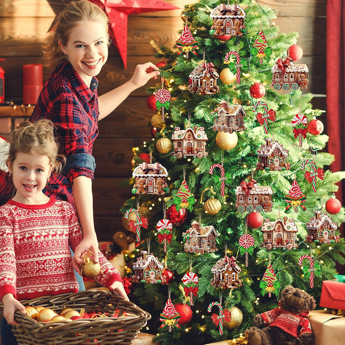 36 Pcs Christmas Gingerbread House Ornaments, Wood Xmas Tree Decor