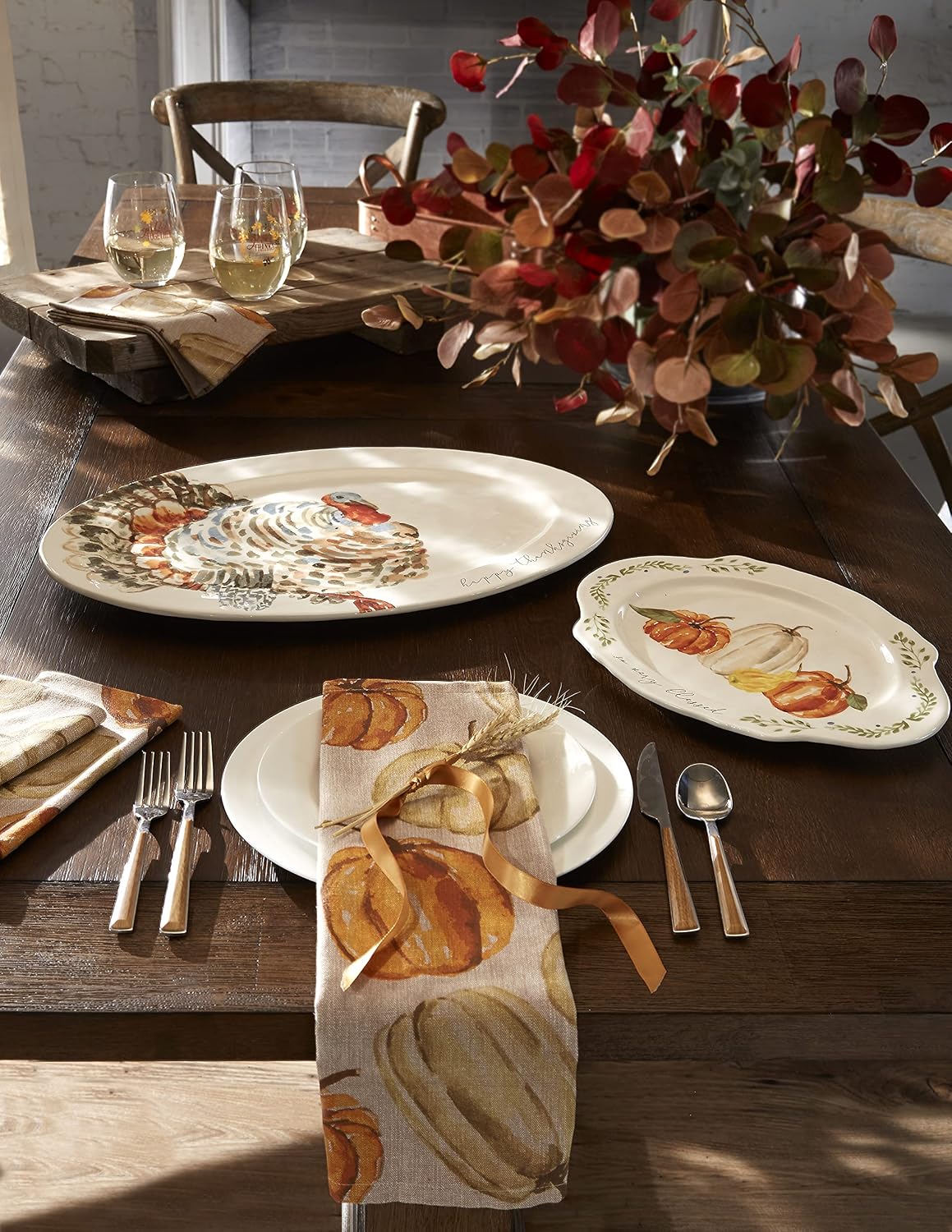 Mud Pie Turkey Platter, Large Thanksgiving Serving Platter, White Ceramic