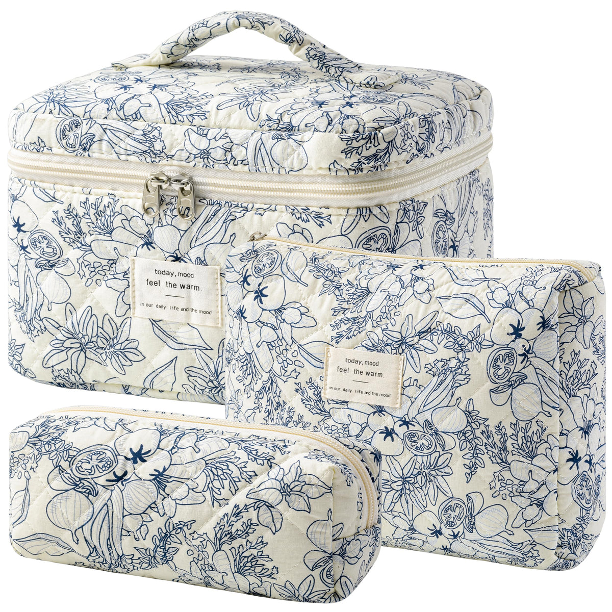 HBselect Quilted Makeup Bag, 3PCS Cotton Large Travel Makeup Bag, Cute Floral Coquette Make up Bag Cosmetic Bag Toiletry Bag for Women Girls